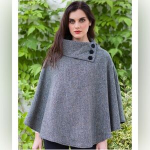 Mucros Tweed Poncho - Grey Herringbone